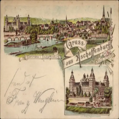Ak Aschaffenburg in Unterfranken, Panorama von  Königliches Schloss, farbige Illustration
