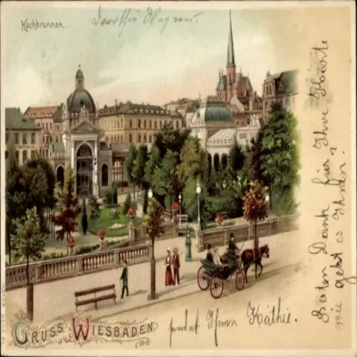 Ak Wiesbaden in Hessen, Kochbrunnen, farbenfrohe Ansicht,  Architektur, Menschen, Kutsche