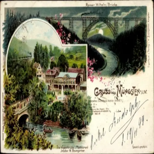 Ak Müngsten an der Wupper Wuppertal, Roiser Wilhelm-Brücke, Restaurant, Flusslandschaft, Gruß aus
