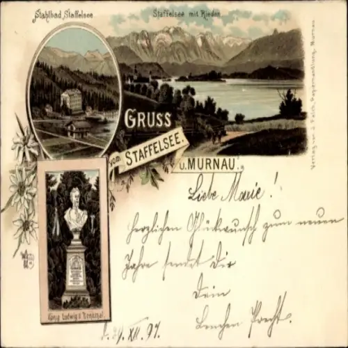 Ak Murnau am Staffelsee, Stahlbad  Gruss vom  König Ludwig Denkmal, schöne Landschaft
