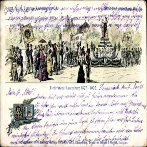 Ak Ravensburg in Württemberg Oberschwaben, Liederkranz Ravensburg 1827-1902, Festumzug, Menschen,