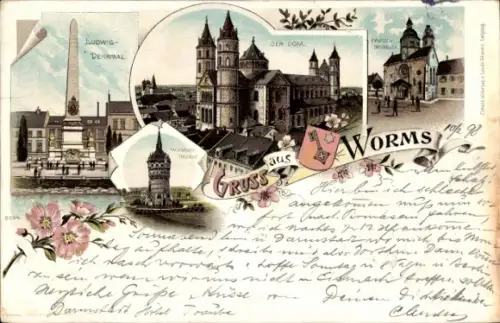 Litho Worms in Rheinland Pfalz, Ludwig-Denkmal, Dom, Wasserturm, Paulus-Museum, Wappen