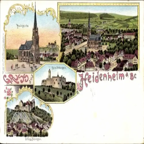 Litho Heidenheim an der Brenz Württemberg, Schloss Hellenstein, Pauluskirche, Panorama