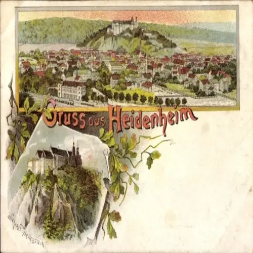 Litho Heidenheim an der Brenz Württemberg, Schloss Hellenstein, Panorama
