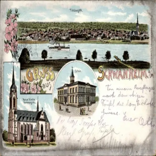 Litho Schwanheim Frankfurt am Main, Gesamtansicht, Kirche, Schule
