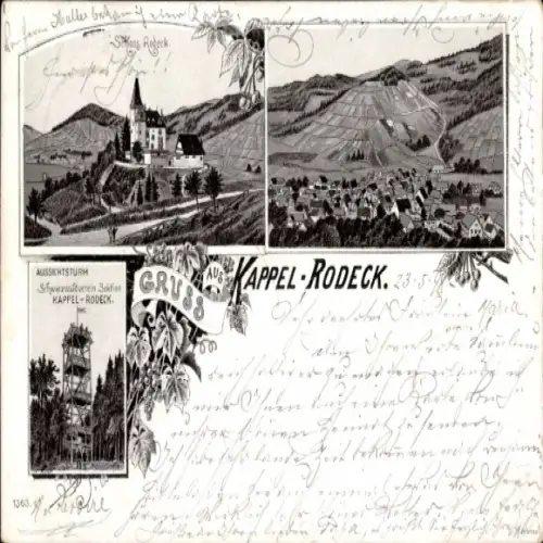 Litho Kappelrodeck im Schwarzwald, Schloss Rodeck, Panorama, Aussichtsturm
