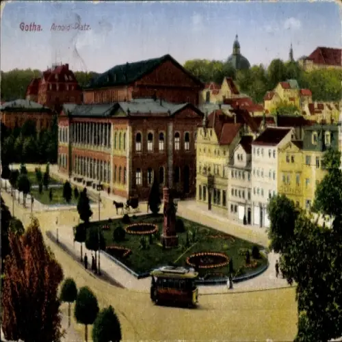 Ak Gotha in Thüringen, Arnoldi-Platz,  Gebäude, Grünanlagen, Straßenbahn