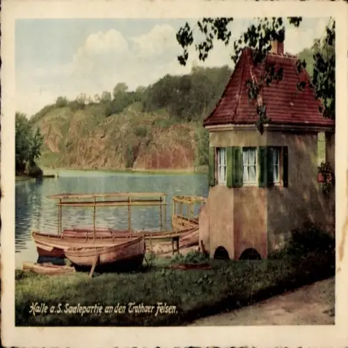 Ak Trotha Halle an der Saale, Idyllische Landschaft, Saalepartie, Trothaer Felsen, Boote, Wasser