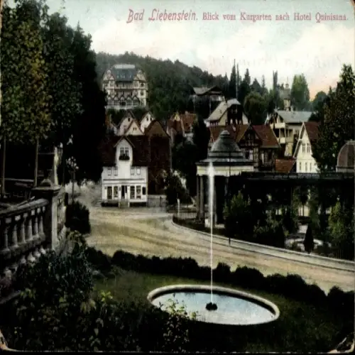 Ak Bad Liebenstein im Thüringer Wald, Stadtansicht, Kurgarten, Hotel Quinisana, Brunnen, Altbau, 