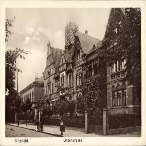 Ak Bitterfeld in Sachsen Anhalt, Lindenstraße,  Gebäude, Bäume, wenig Menschen