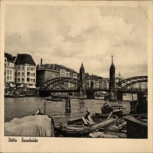 Ak Szczecin Stettin Pommern, Stadtansicht, Baumbrücke, Wasser, Gebäude, Wolken, nverlag