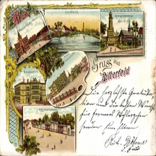 Litho Bitterfeld in Sachsen Anhalt, Marktplatz, Stadtteich, Realschule, Kriegerdenkmal, Kaiserstraße