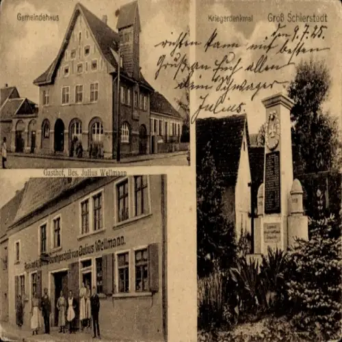 Ak Groß Schierstedt Aschersleben, Gemeindehaus, Kriegerdenkmal, Gasthof Julius Wellmann