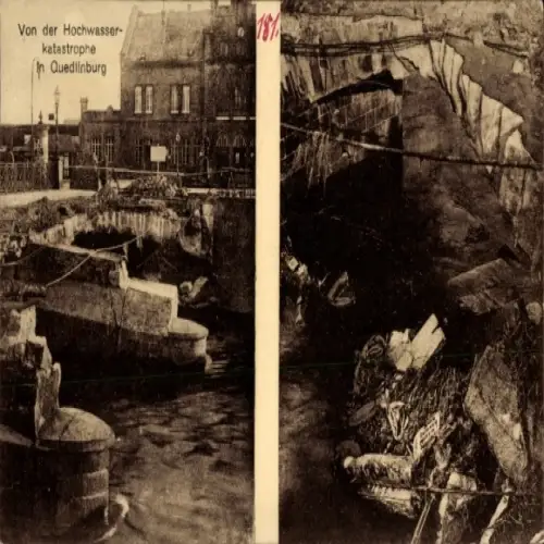 Ak Quedlinburg im Harz, Hochwasser 1925, eingestürzte Bahnhofsbrücke