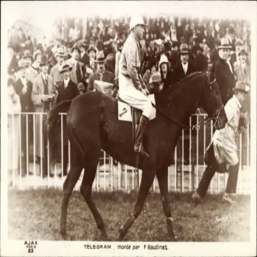 Ak Jockey F. Gaudinet auf Rennpferd Telegram, Pferderennen