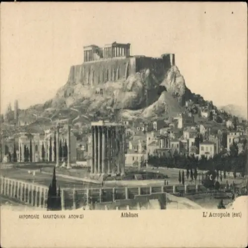 Ak Athen Griechenland, Akropolis, östliche Ansicht, antike Ruinen, Stadtansicht