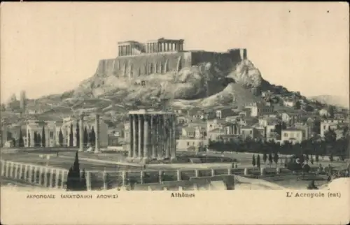 Ak Athen Griechenland, Akropolis, östliche Ansicht, antike Ruinen, Stadtansicht