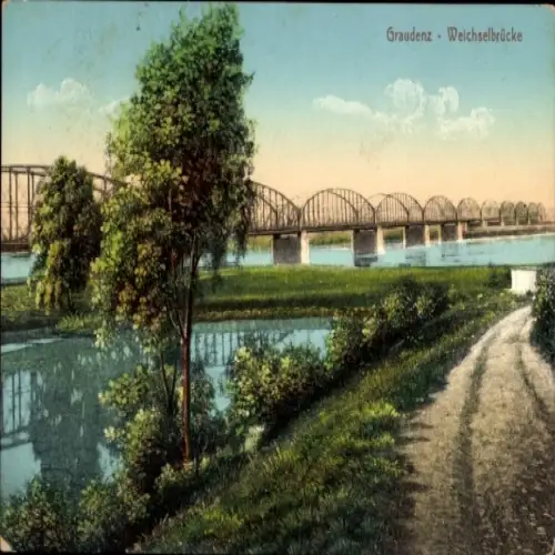 Ak Grudziądz Graudenz Westpreußen, Weichselbrücke, Landschaft, Fluss, Bäume