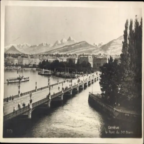Ak Genève Genf Schweiz, Brücke, Stadtansicht, Berge im Hintergrund