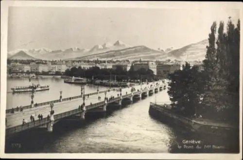 Ak Genève Genf Schweiz, Brücke, Stadtansicht, Berge im Hintergrund