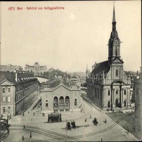 Ak Bern Stadt Kanton Bern, Berg Gurten,  Bahnhof, Heiliggeistkirche,  Ansicht, Schwarz-Weiß-Foto