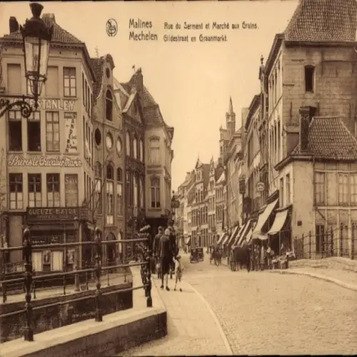 Ak Mechelen Mecheln Malines Flandern Antwerpen, Straße mit alten Gebäuden, Brücke, Werbetafeln, S