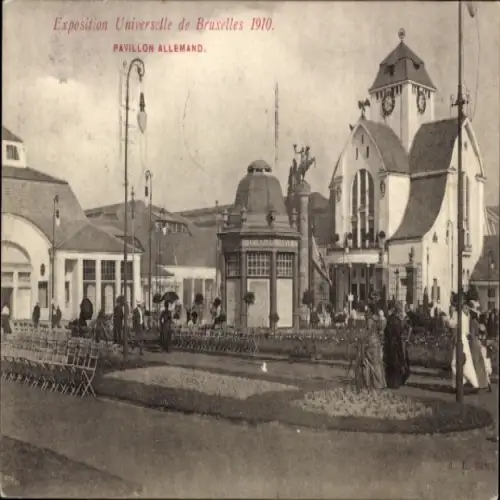 Ak Bruxelles Brüssel, Ausstellung von 1910, Deutscher Pavillon, Menschen, Garten, Architektur