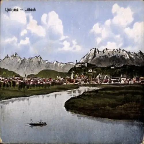 Ak Ljubljana Laibach Slowenien, Ansicht von  Laibach, Fluss, Berge, Sommerwetter