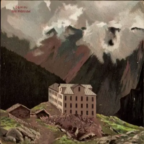 Ak Gemmi Leukerbad Kanton Wallis, Hotel Wildstrubel, Berglandschaft,  Wolken