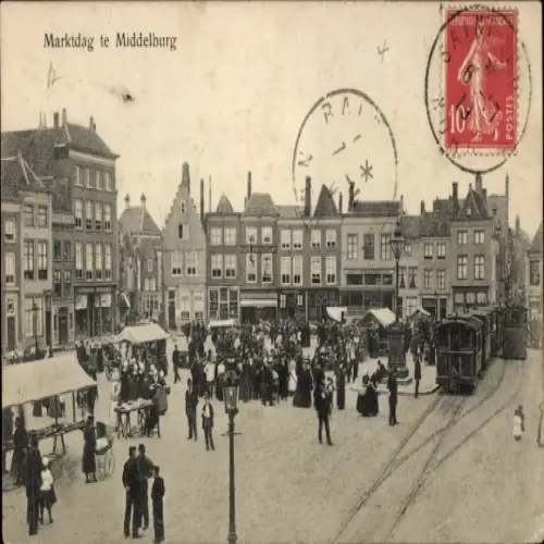 Ak Middelburg Zeeland Niederlande, Markttag, Menschenmenge,  Gebäude, Straßenbahn