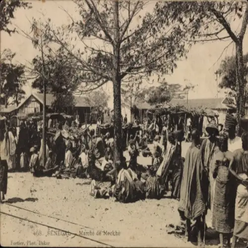 Ak Méckhé Senegal, Markt, Menschenansammlungen, Bäume, Fotografie von Fortier