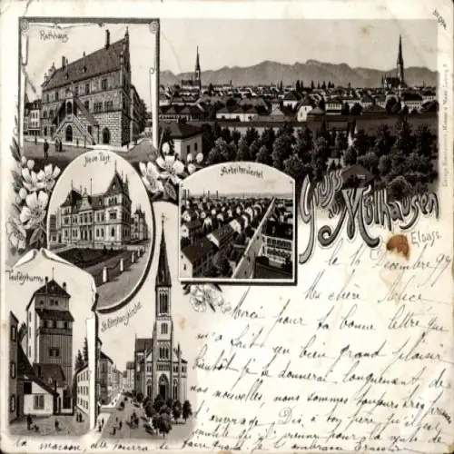 Litho Mulhouse Mülhausen Elsass Haut Rhin, Gesamtansicht, Rathaus, Neue Post