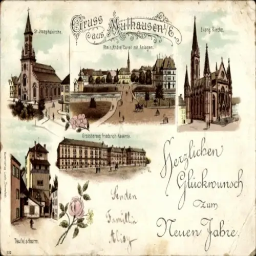 Litho Mulhausen Mühlhausen Elsass Bas Rhin, Rhein Rhone Canal, Großherzog Friedrich Kaserne, Kirche