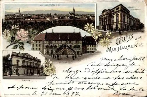 Litho Mulhausen Mühlhausen Elsass Bas Rhin, Rathaus, Theater, Neues Museum, Totalansicht