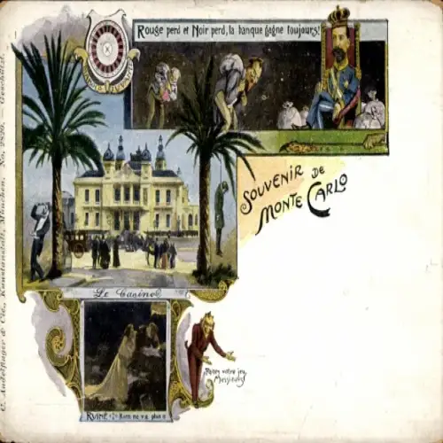 Litho Monte Carlo Monaco, Fürst Albert I, Roulette, Kasino, Teufel, Karikatur