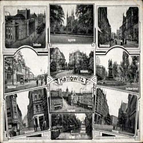 Ak Katowice Kattowitz Oberschlesien, Hauptbahnhof, Zwei-Kaiser-Denkmal, Mühlstraße, Stadttheater