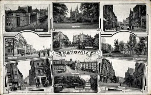Ak Katowice Kattowitz Oberschlesien, Hauptbahnhof, Zwei-Kaiser-Denkmal, Mühlstraße, Stadttheater