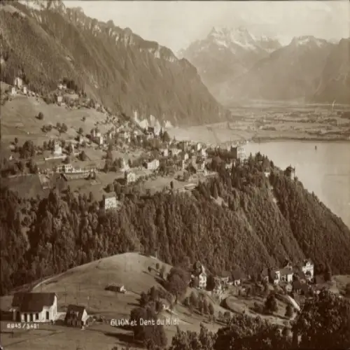 Ak Glion Kanton Waadt, vue generale et Dent du Midi