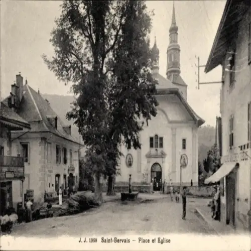 Ak Saint Gervais les Bains Haute Savoie, Platz, Kirche