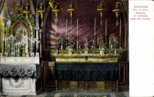 Ak Jerusalem Israel, Innensicht einer Kirche, Altar, Blumenarrangements, religiöse Symbole