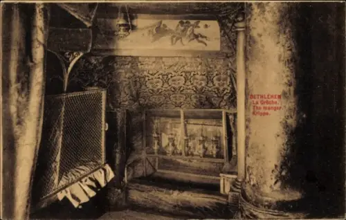 Ak Bethlehem Palästina, Blick in die Krippe,  Zimmer mit Säulen,  Darstellung