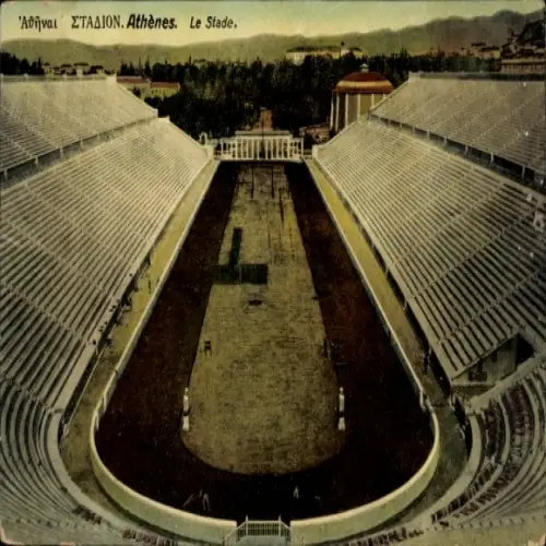 Ak Athen Griechenland, Stadion in  weitem Blick auf Sitzplätze, Gebäude im Hintergrund
