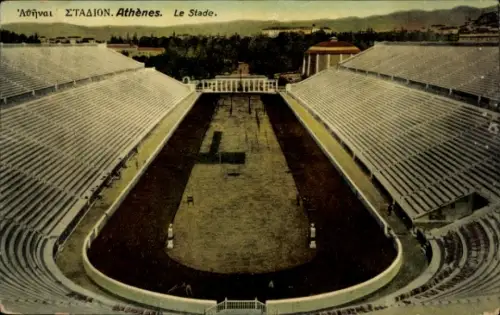 Ak Athen Griechenland, Stadion in  weitem Blick auf Sitzplätze, Gebäude im Hintergrund