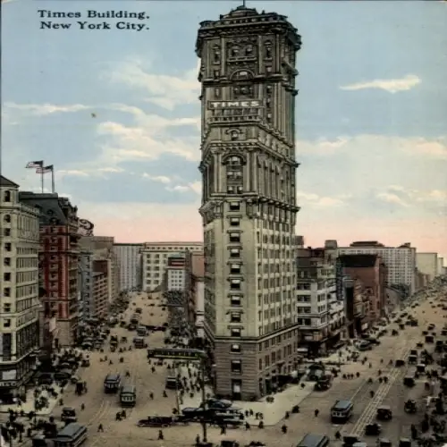 Ak New York City USA, Times Building,  hoch aufragendes Gebäude, belebte Straßen