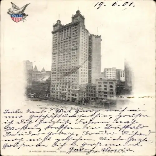 Ak New York City USA, Syndicate Building,  Datum 19.06.01, persönliche Grüße