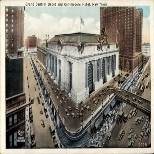 Ak New York City USA, Grand Central Depot, Commodore Hotel, große Bahnhofsanlage, belebte Straßen