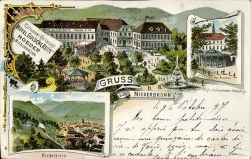 Litho Niederbronn les Bains Bad Niederbronn Elsass Bas Rhin, Hotel Goldene Kette, Roeder, Brunnen