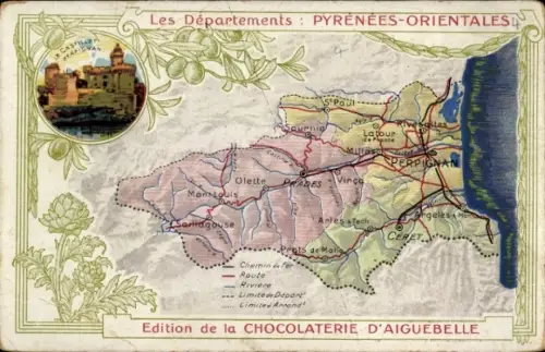 Landkarten Ak Pyrénées Orientales, Perpignan, Olette, Prades, Schloss, Chocolaterie d'Aiguebelle