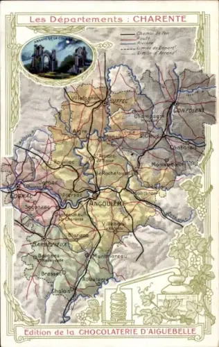 Ak Angoulême Charente, Karte der Départements  Angoulême, Flüsse, Eisenbahnen, Straßen