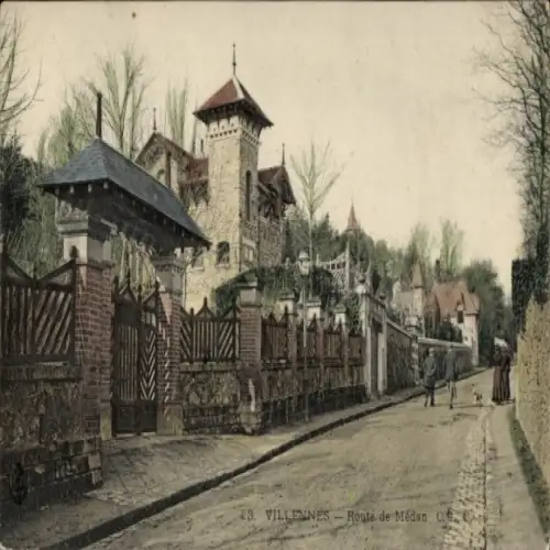 Ak Villennes sur Seine Yvelines, 3.  Route de Médan, Bäume, Straße, Menschen